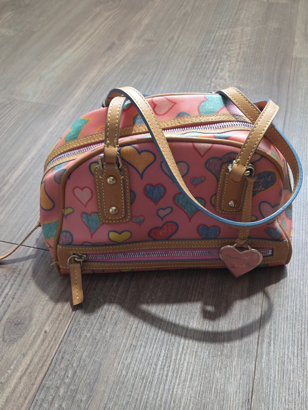 Vintage Y2K Dooney & Bourke Heart-Print Shoulder Bag in Peach Pink